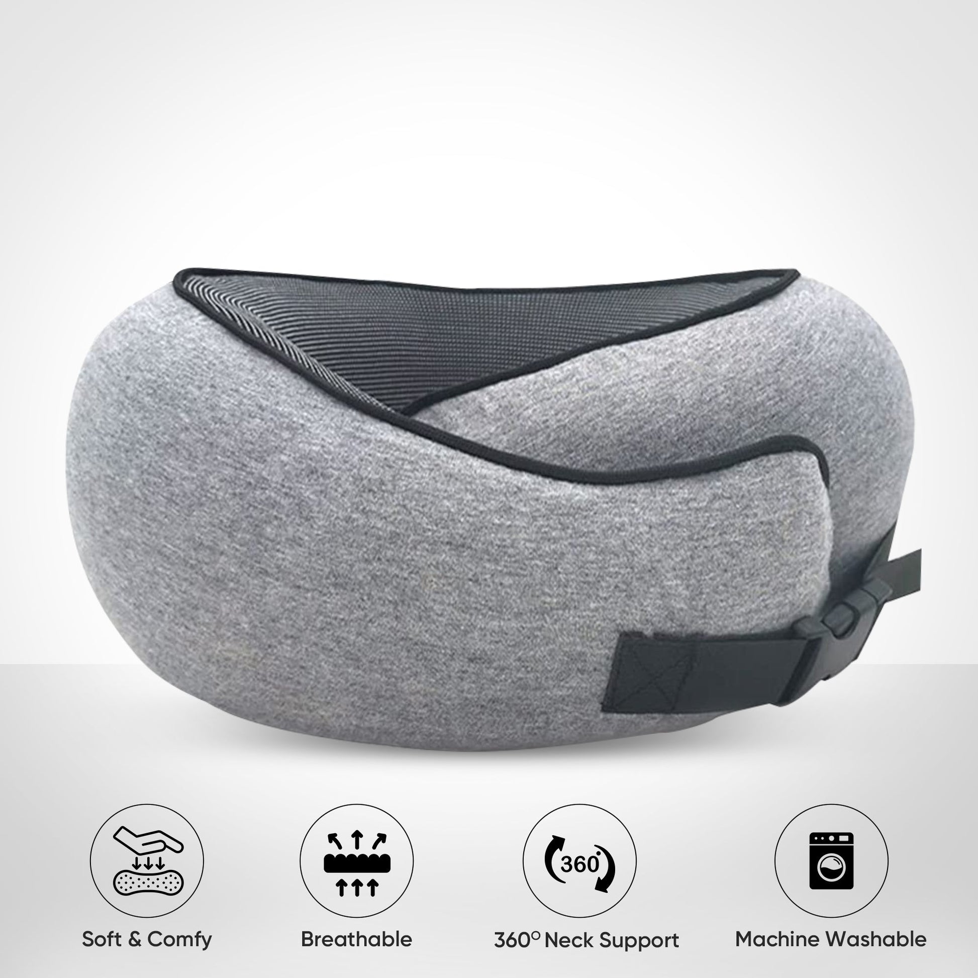 Grey Fitlybuy butterfly travel neck pillow with black trim, adjustable strap, and icons showing comfort features.