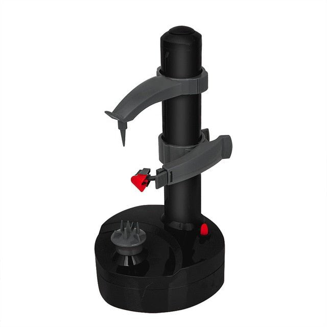 Black Fitlybuy automatic electric fruit and vegetable peeler with adjustable arms and a red power button.