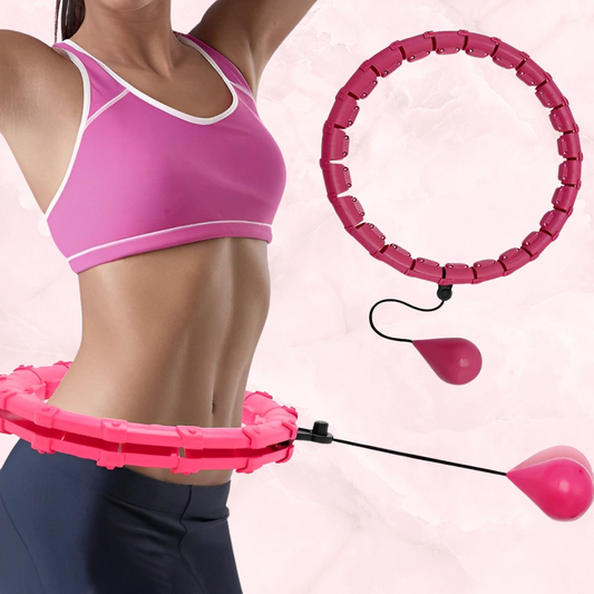 Pink Fitlybuy FunFit weighted hula hoop with CoreFlex technology, worn by a woman for waist slimming exercise.