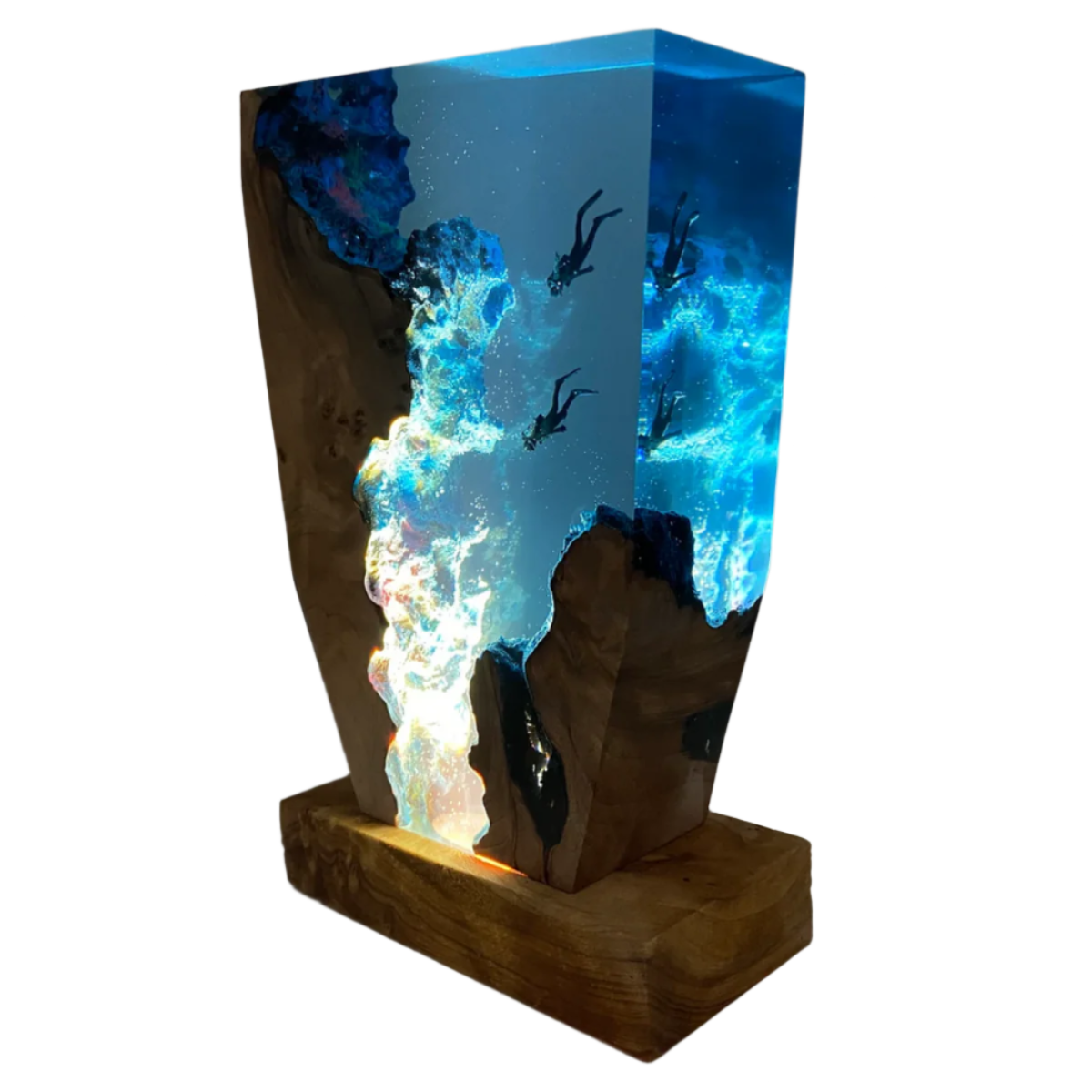 Handmade epoxy resin ocean lamp with wood base, featuring internal glowing blue water, reef, and scuba diver silhouettes.