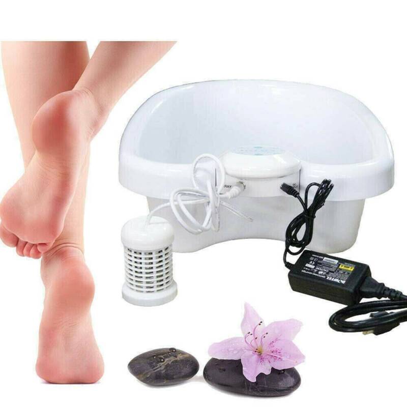 Fitlybuy white ionic foot spa tub with detox array, power adapter, and decorative spa stones on a white background.