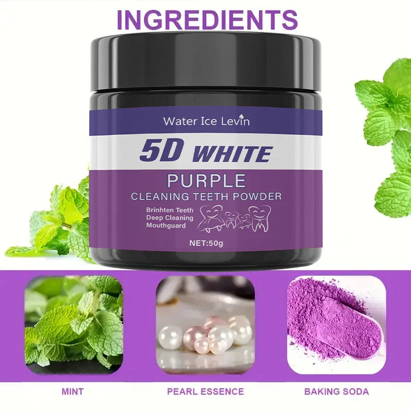 Jar of 5D White Purple Teeth Cleaning Powder with mint, pearl essence, and baking soda ingredients on white background.