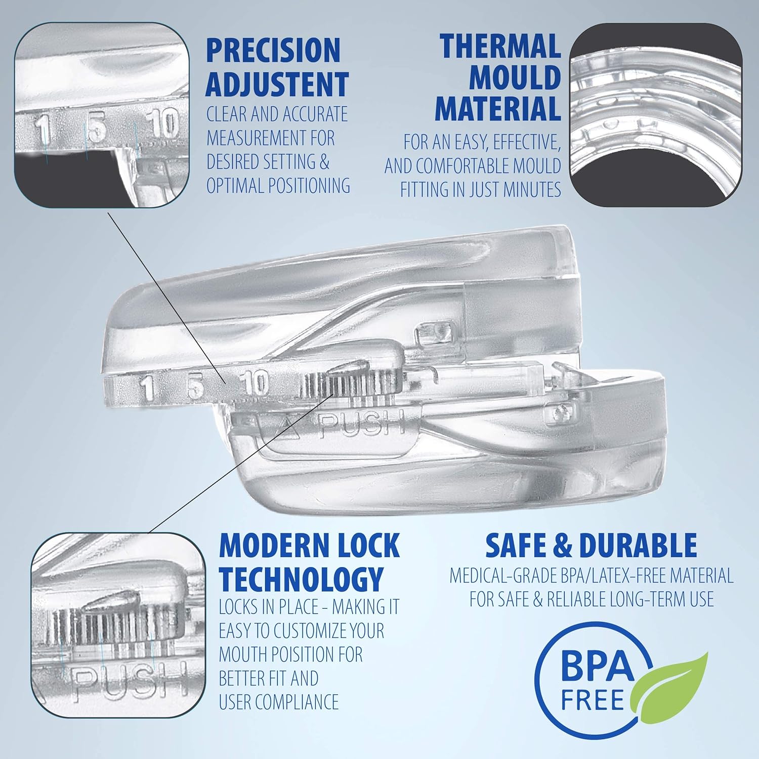 Clear, BPA-free Fitlybuy anti-snoring mouth guard with adjustable lock technology and thermal moldable material.