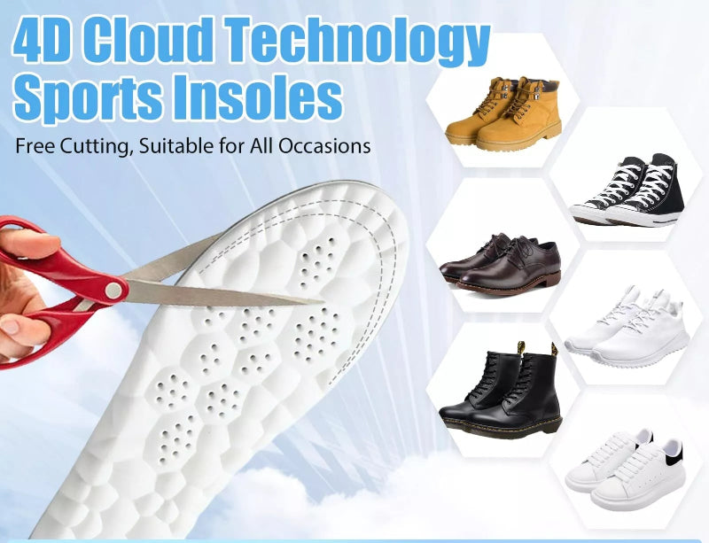 Fitlybuy AirCloud Relief Insoles with cut-to-fit white foam padding, shown with various shoe styles for versatility.