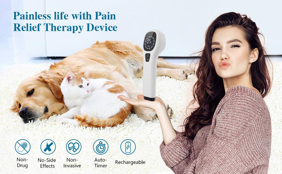 Fitlybuy white handheld cold laser therapy device held by a woman with a dog and cat, highlighting pain relief features.