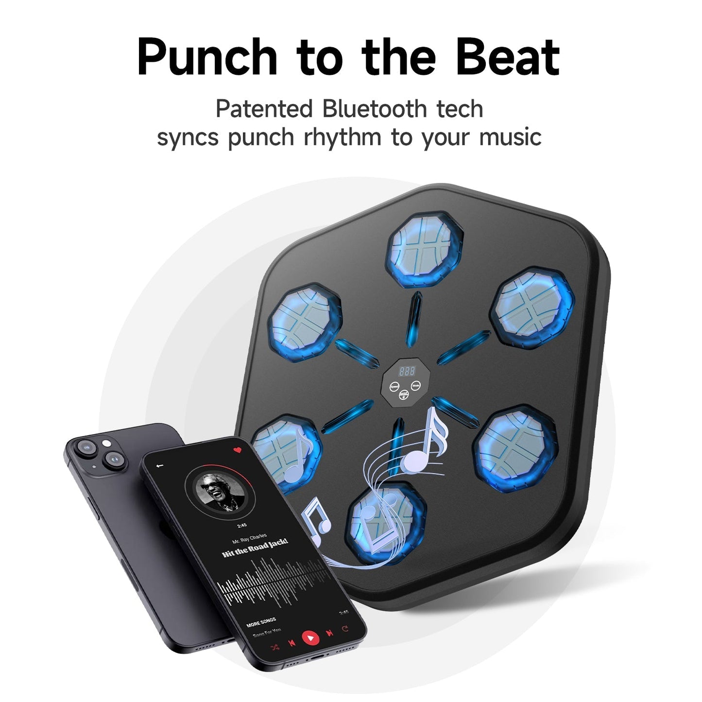 Fitlybuy Groovy Punch machine: black wall-mounted boxing target with blue LED lights, paired with a smartphone app.