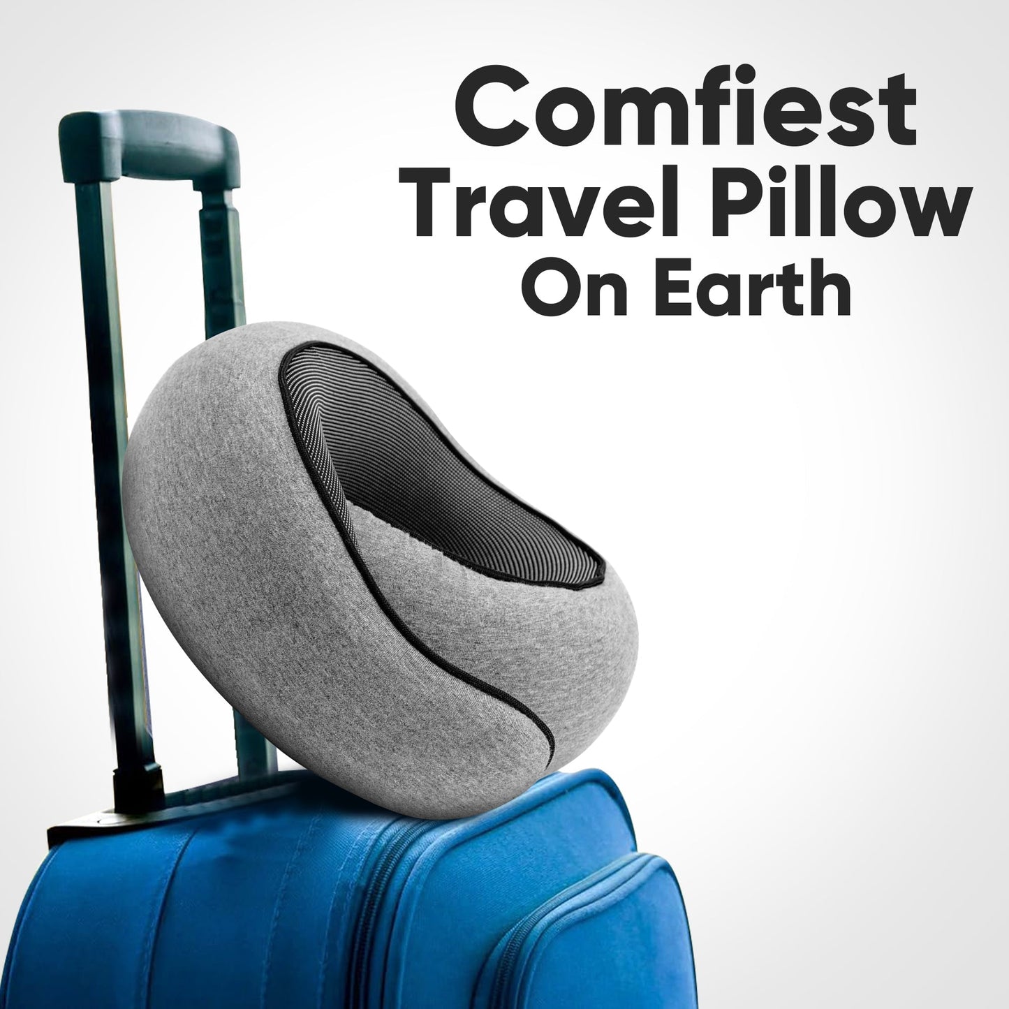 Fitlybuy grey butterfly travel neck pillow with ergonomic mesh design resting on a blue rolling suitcase.