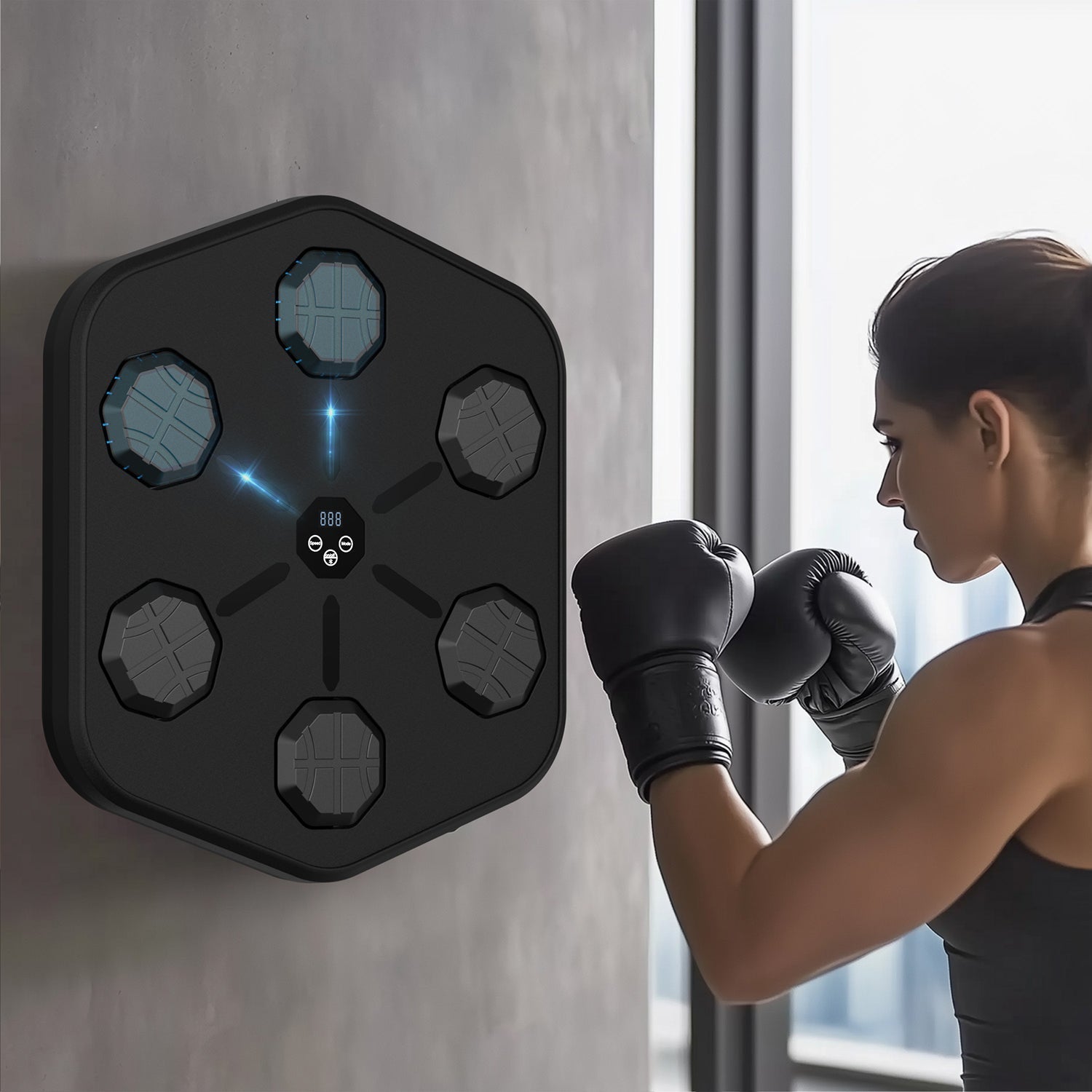 Fitlybuy Groovy Punch wall-mounted music boxing machine in black with LED targets, used by a woman in black boxing gloves.