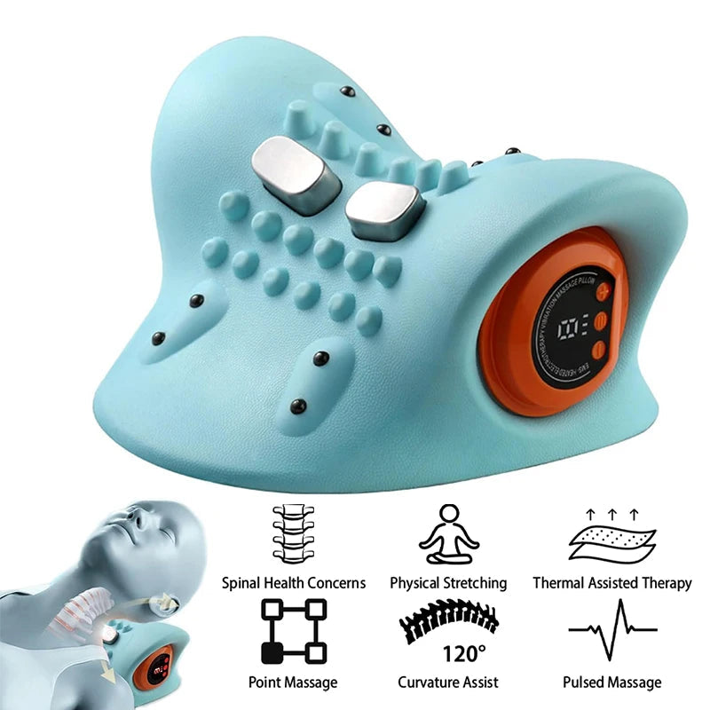 Fitlybuy light blue electric neck stretcher with massage nodes, orange digital control panel, and therapy icons.