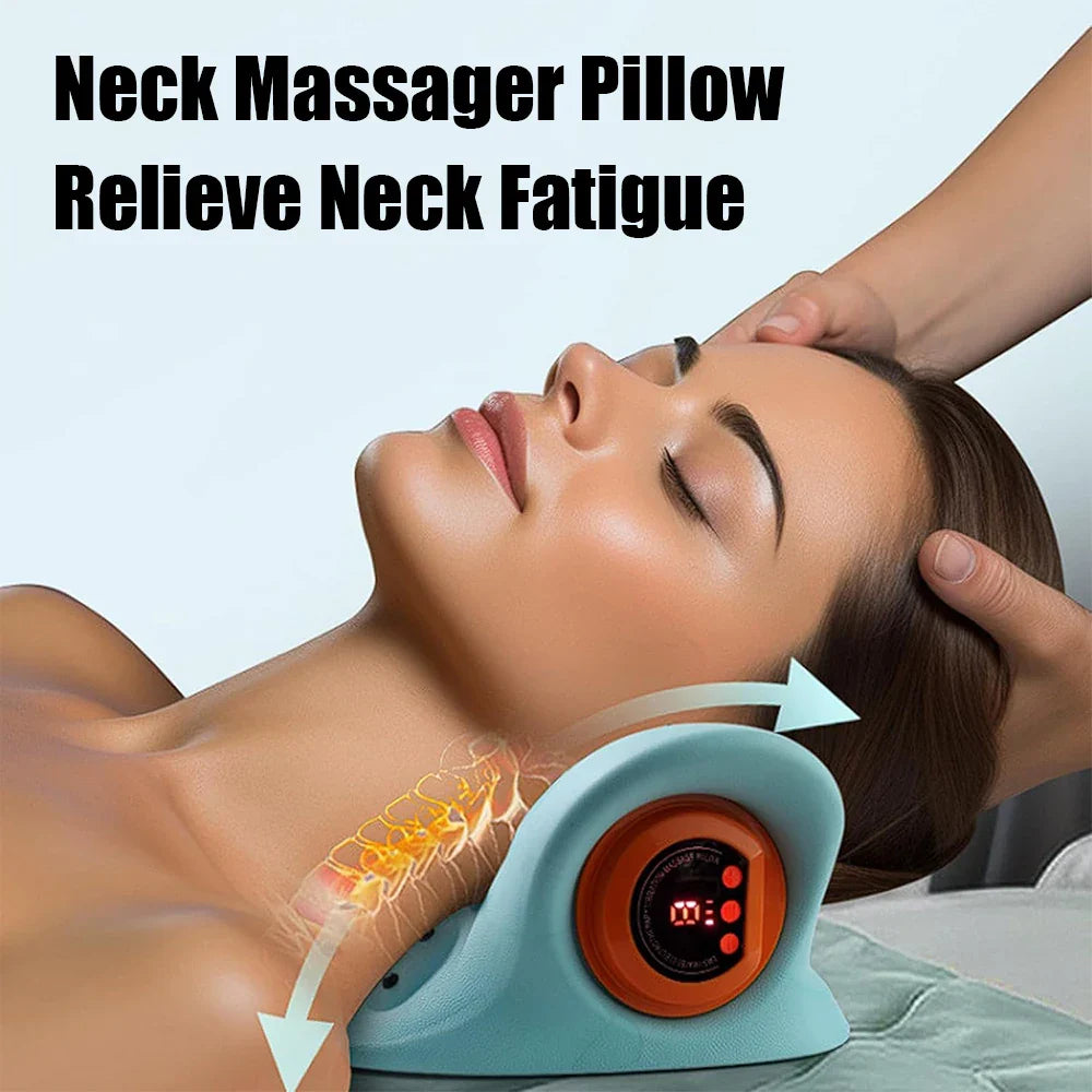 Woman using a light blue Fitlybuy ergonomic electric neck stretcher with a digital display for pain relief.