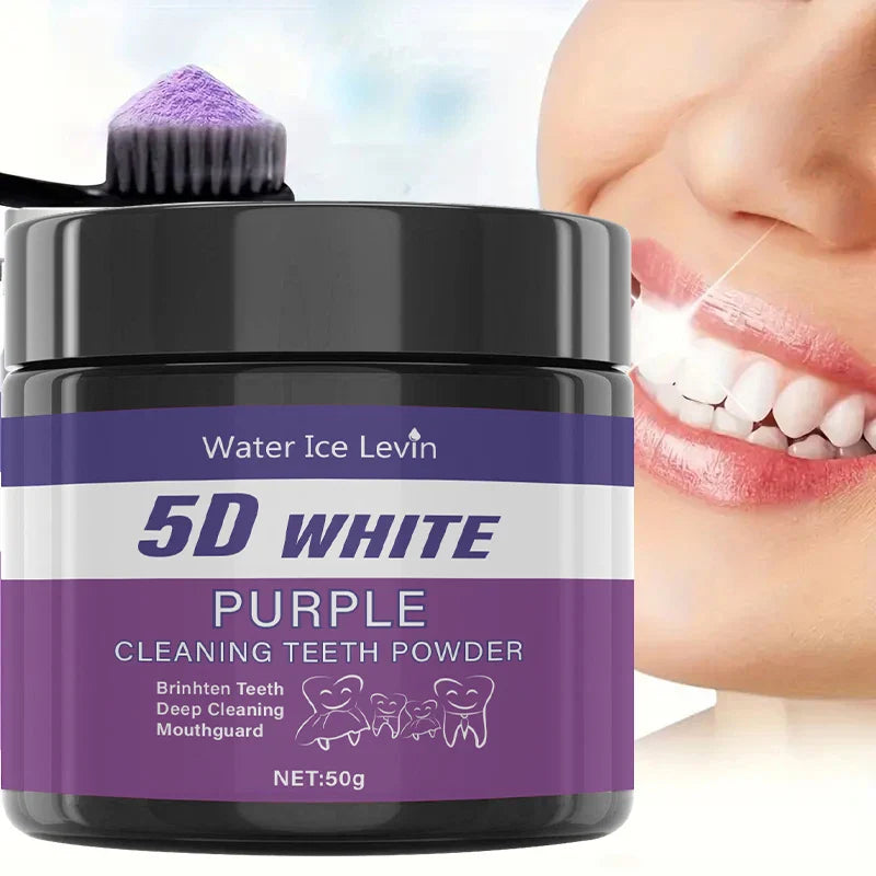 Jar of 5D White Purple teeth whitening powder with a toothbrush and smiling model. 50g size for bright, clean teeth.