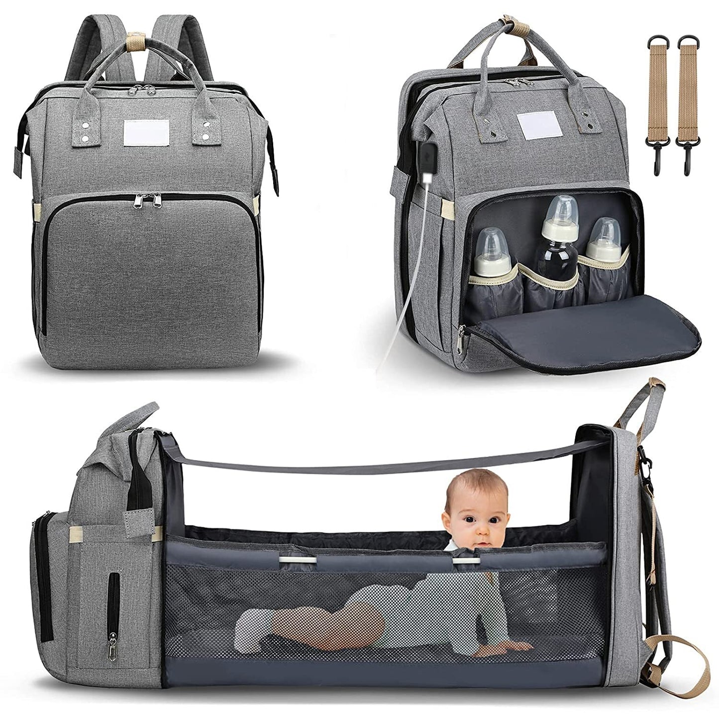 Grey Fitlybuy smart nappy backpack with USB port, bottle storage, and a convertible foldable baby bed with infant.