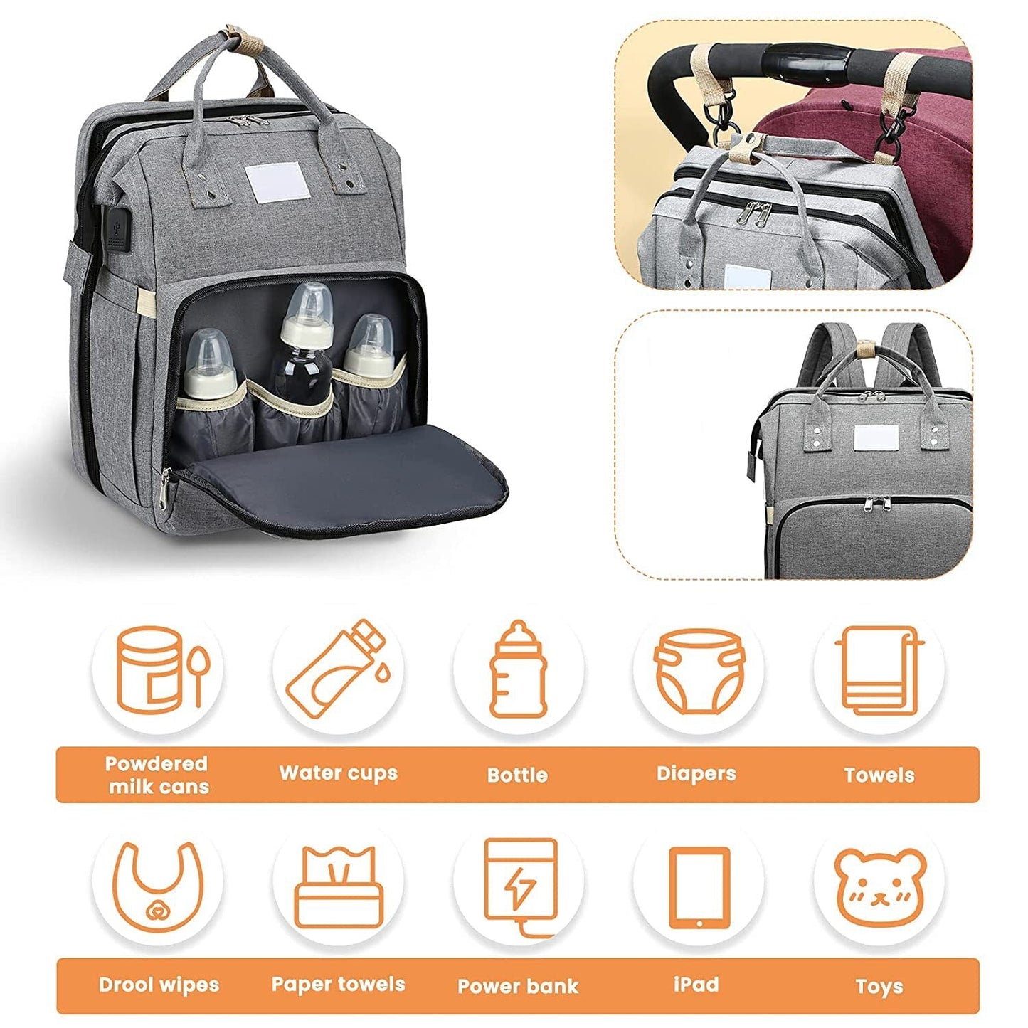 Grey waterproof Fitlybuy nappy backpack with USB port, bottle pockets, stroller straps, and storage icons for baby gear.