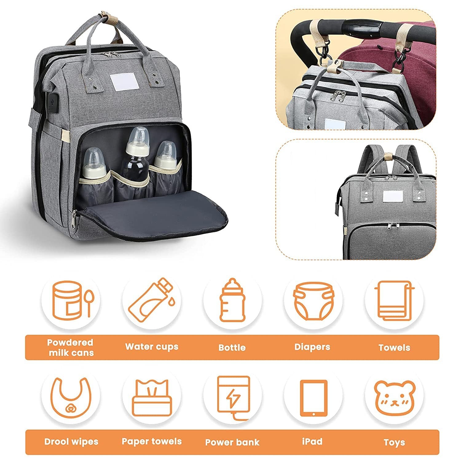 Grey waterproof Fitlybuy nappy backpack with USB port, bottle pockets, stroller straps, and storage icons for baby gear.