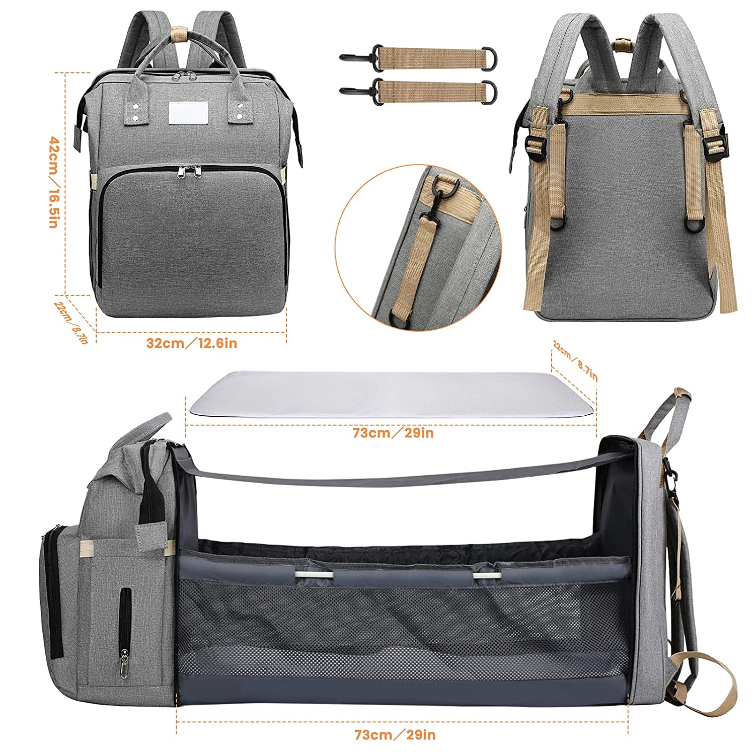 Grey waterproof smart nappy backpack with USB charging, shown as a folded bag and an unfolded foldable baby bed.