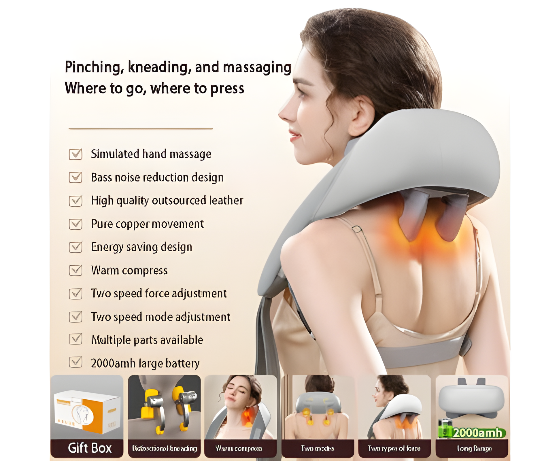 Fitlybuy 5D Deep Heat neck massager: grey, ergonomic design with warming nodes, shown on a woman for stress relief.