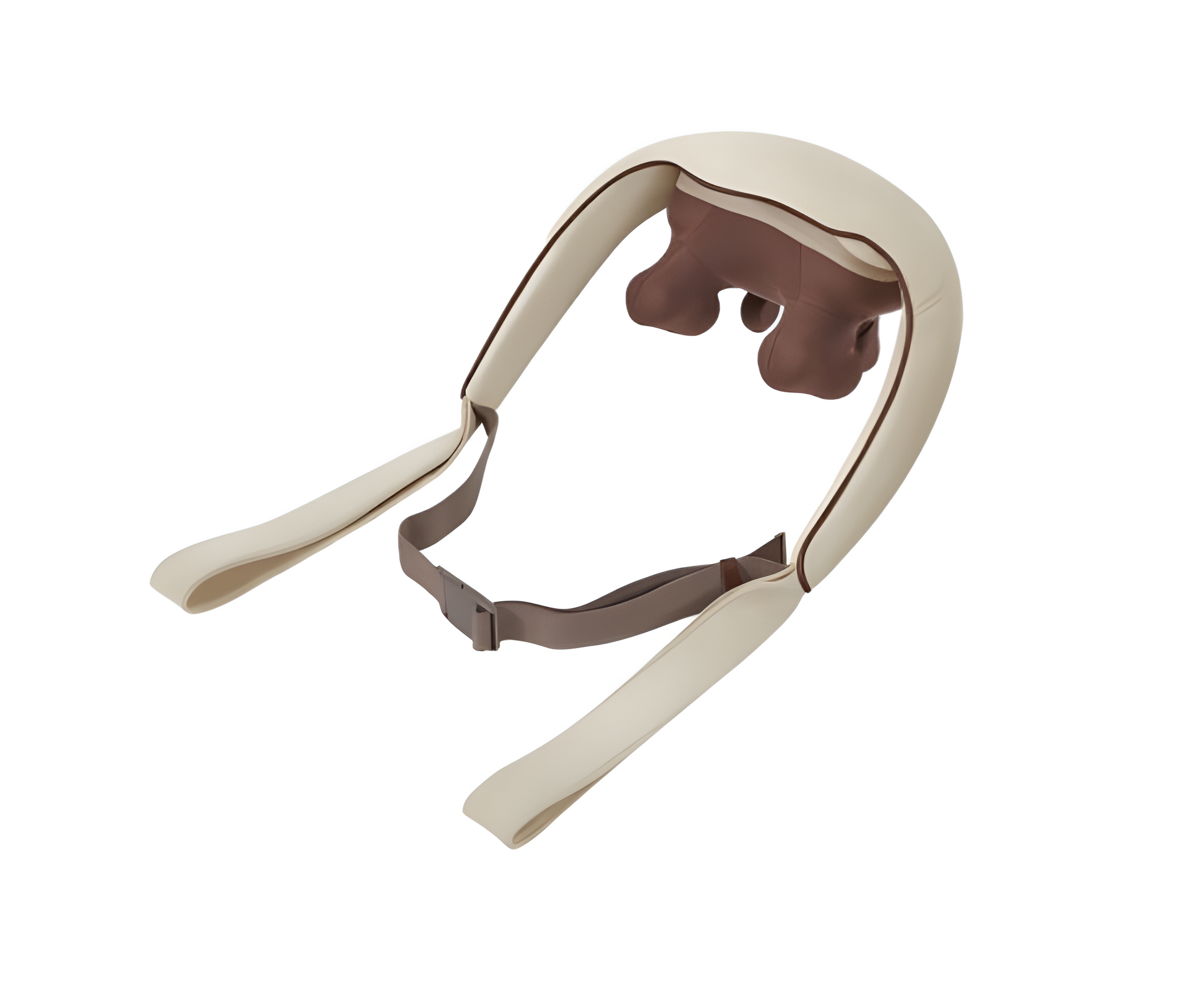 Fitlybuy 5D beige and brown neck massager with heating nodes and adjustable strap on a white background.