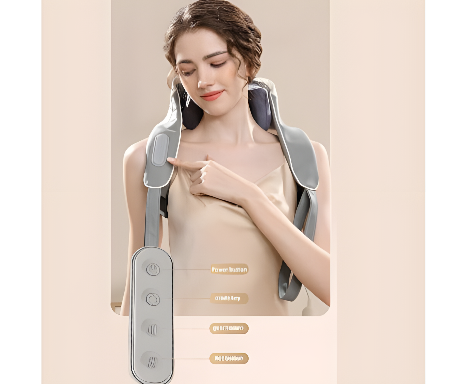 Woman wearing a gray Fitlybuy 5D deep heat neck and shoulder massager with integrated control panel.