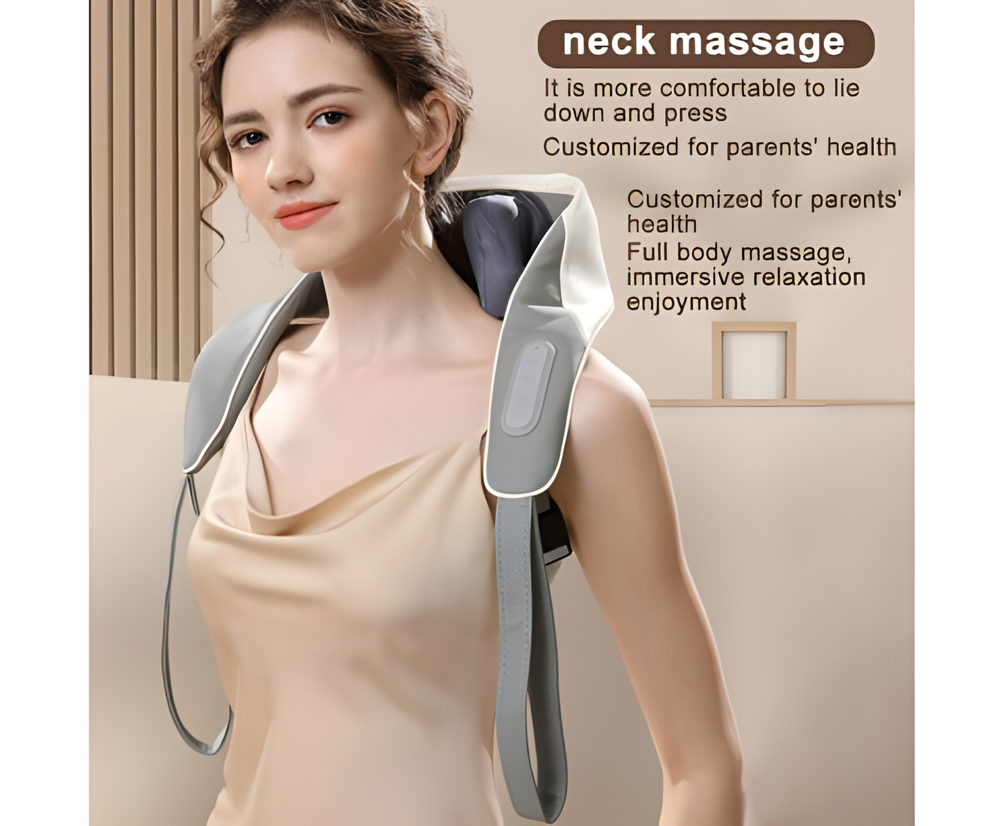 Woman wearing a gray Fitlybuy 5D Deep Heat neck and shoulder massager with SoothingTherm technology for pain relief.