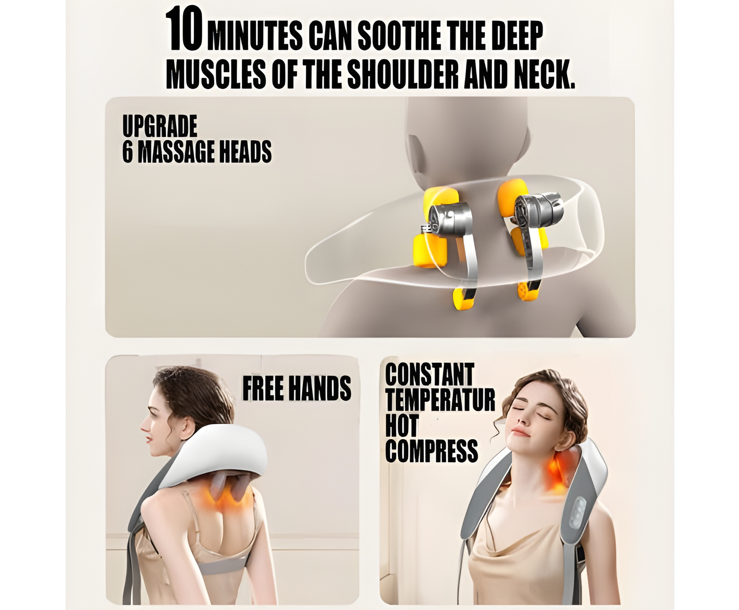 Fitlybuy 5D neck and shoulder massager with 6 yellow massage heads, soothing heat technology, and hands-free design.