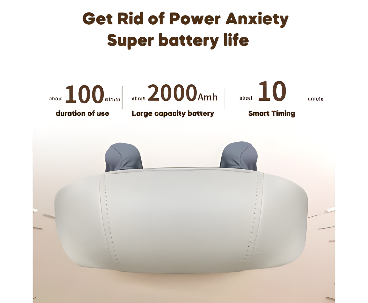 Fitlybuy 5D neck massager in light grey. Features 2000mAh battery, 100-minute use, and 10-minute smart timing.
