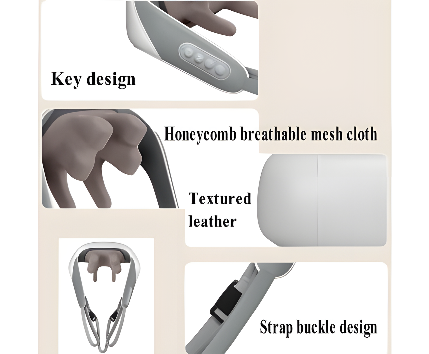 Fitlybuy 5D neck massager in grey and white featuring heat-soothing massage nodes, breathable mesh, and strap buckles.