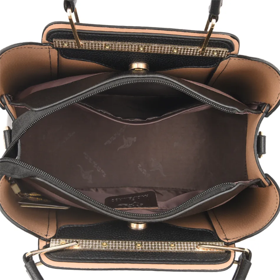 Top-down view of Fitlybuy Vivian black PU leather shoulder bag with a spacious brown interior and gold metal accents.