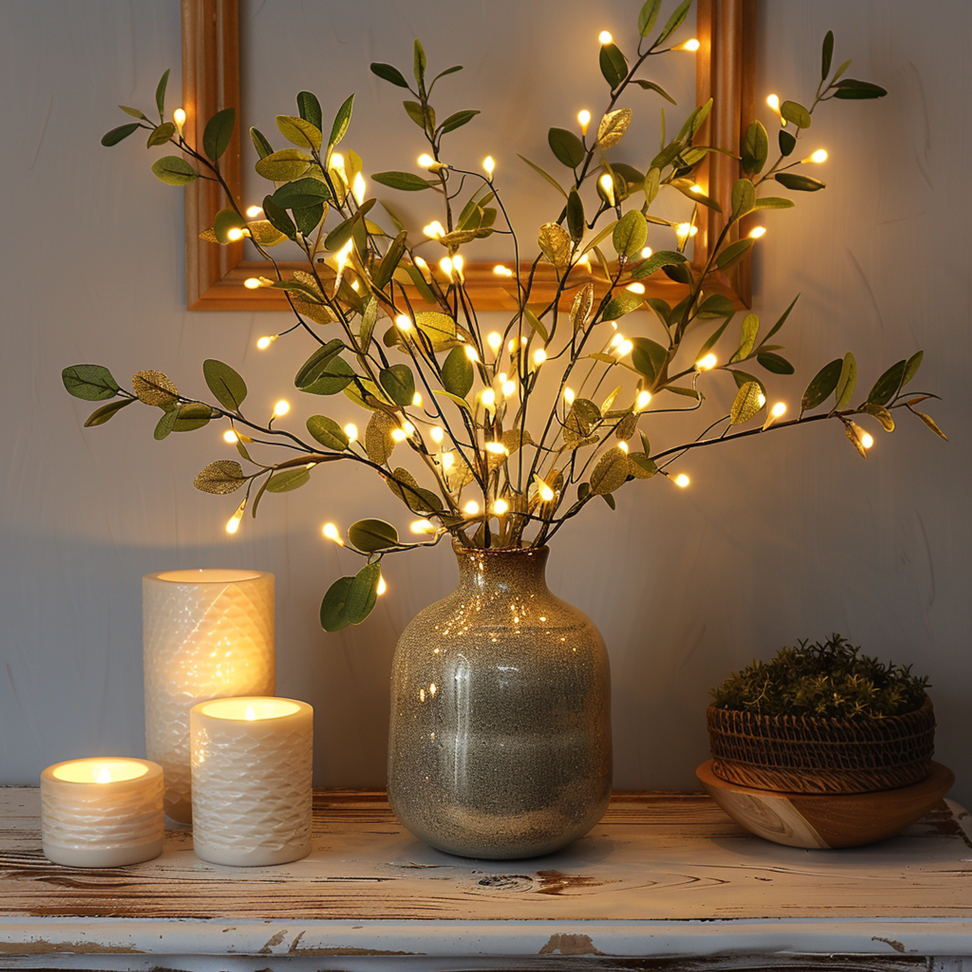 Fitlybuy LumiVista olive branch LED string lights in a vase with warm white glow, on a wooden surface with candles.