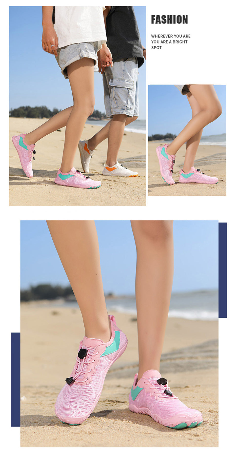 People wearing Fitlybuy AquaStep pink non-slip barefoot water shoes with quick-dry mesh on a sandy beach.
