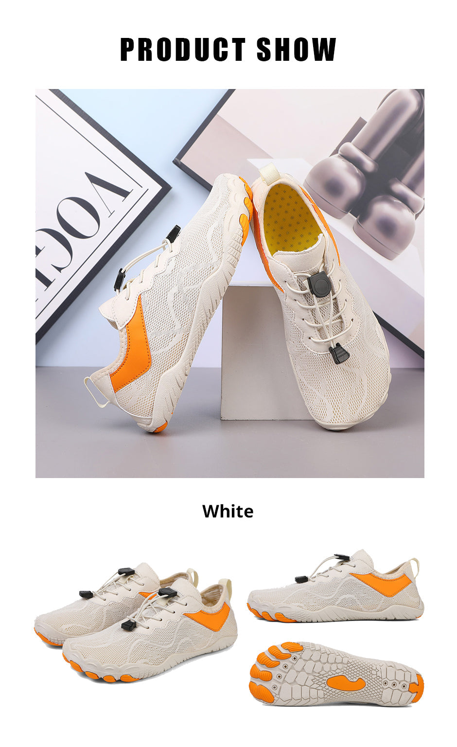 Fitlybuy white AquaStep quick-dry barefoot shoes with orange accents, toggle laces, and anti-slip traction soles.