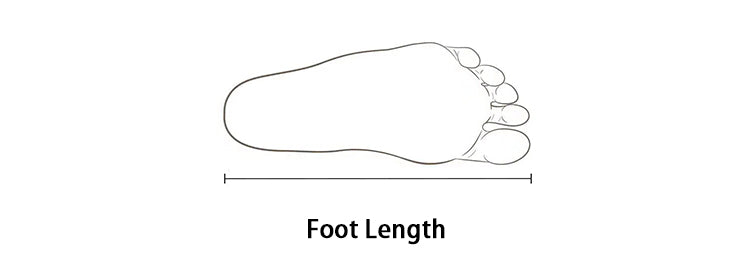 Line drawing of a human foot with a measurement line below labeled Foot Length to determine Fitlybuy shoe sizing.