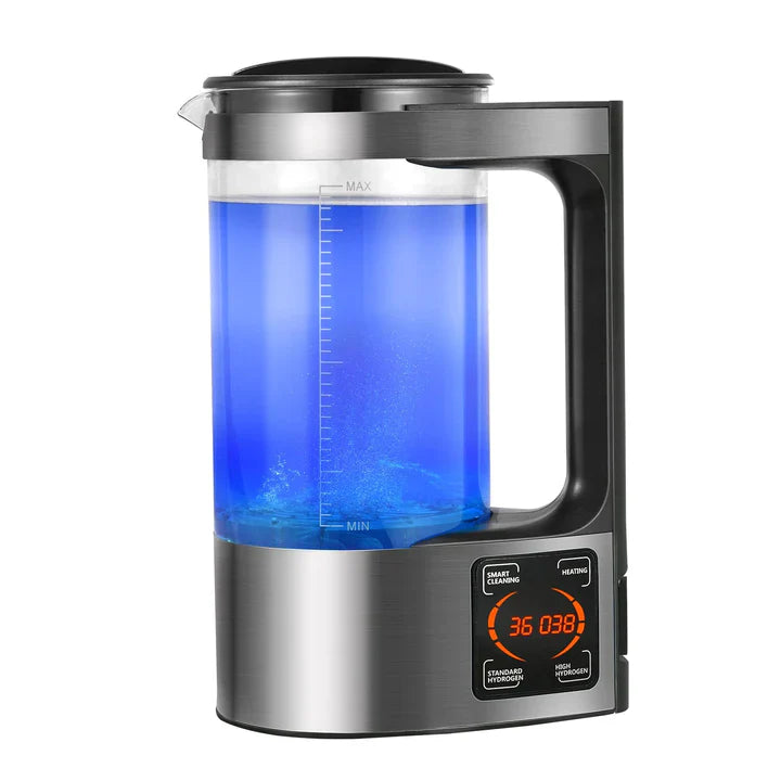 Fitlybuy hydrogen water generator with clear glass pitcher, blue electrolysis light, and digital touch control base.