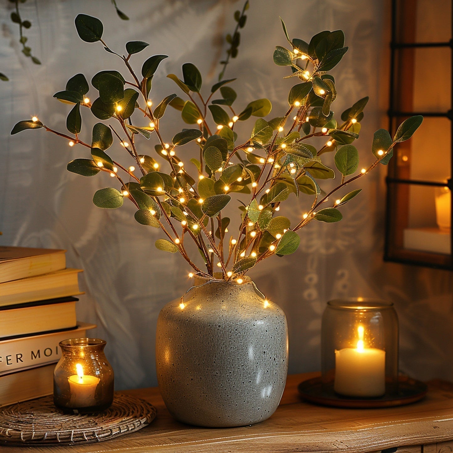 Fitlybuy LumiVista olive branch string light with glowing LEDs in a grey vase on a table with candles and books.
