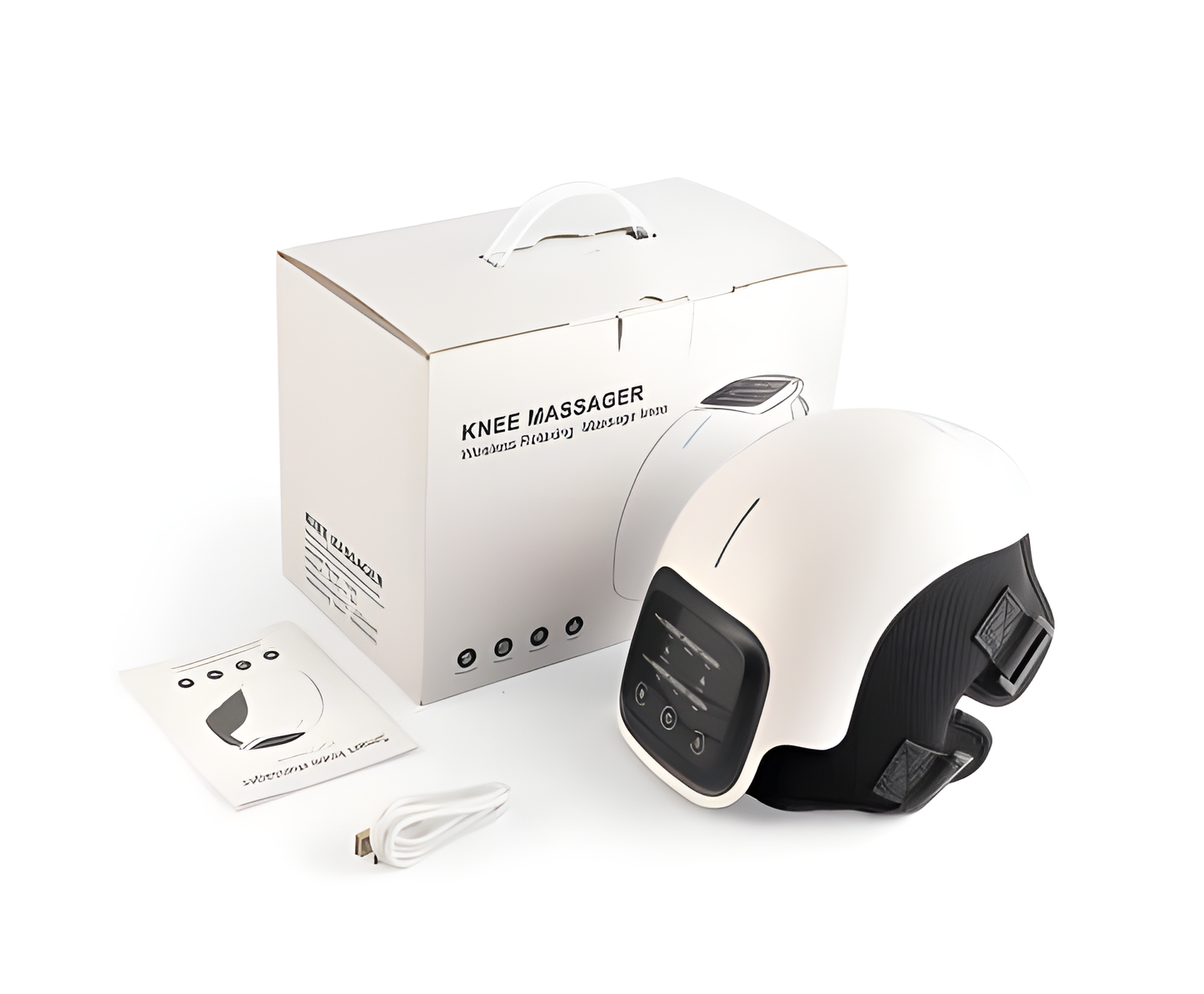 Fitlybuy smart knee massager with infrared heating, digital control panel, USB cable, and manual, packaged in a box.