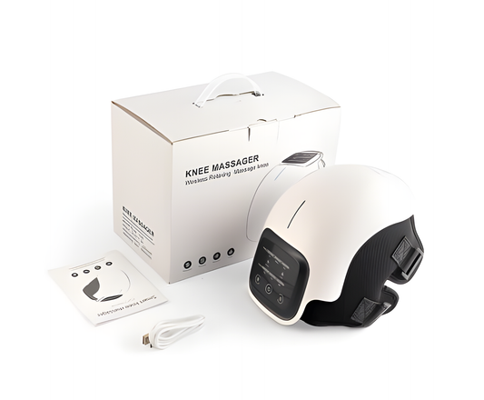 Fitlybuy smart knee massager with infrared heating, digital control panel, USB cable, and manual, packaged in a box.