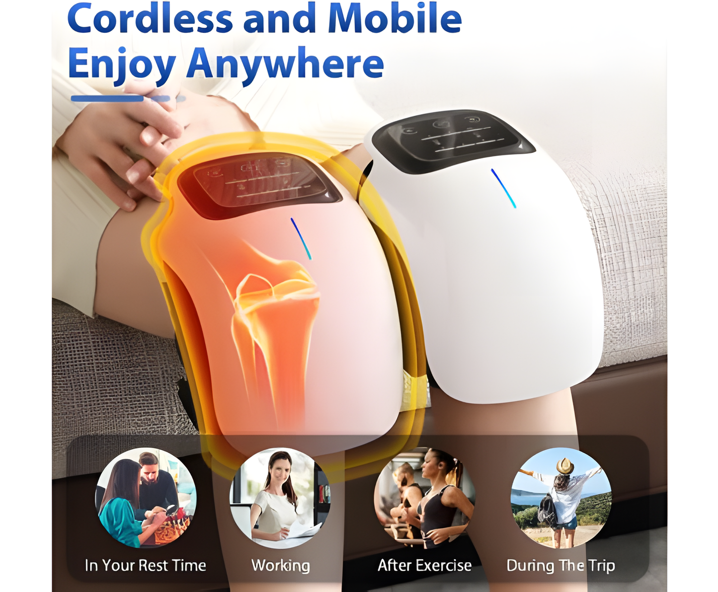 Fitlybuy electric smart knee massager in white/pink with infrared heat therapy on knees for cordless, mobile relief.