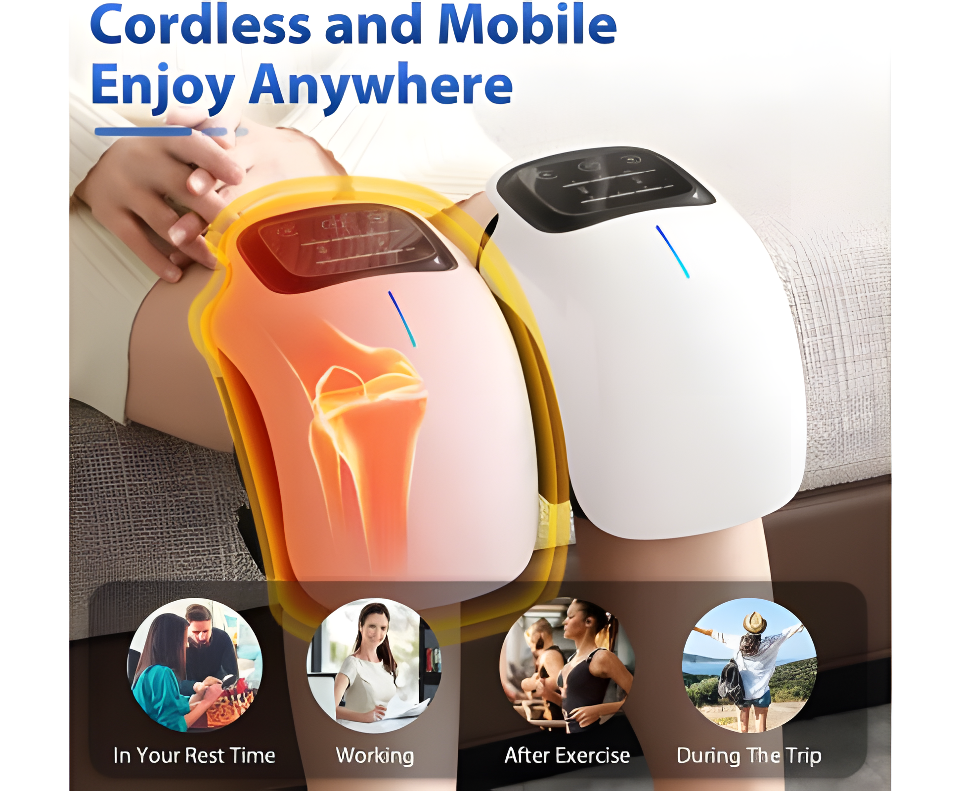 Fitlybuy electric smart knee massager in white/pink with infrared heat therapy on knees for cordless, mobile relief.