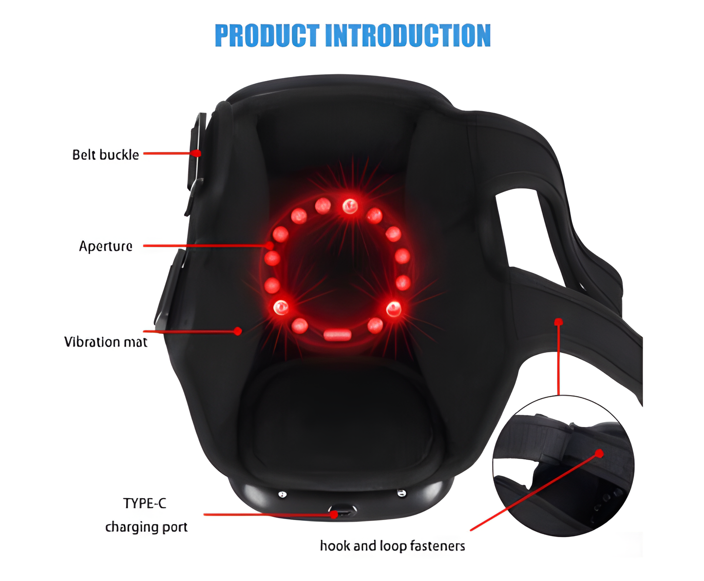 Fitlybuy black electric knee massager showing infrared heating, vibration mat, Type-C port, and adjustable fasteners.