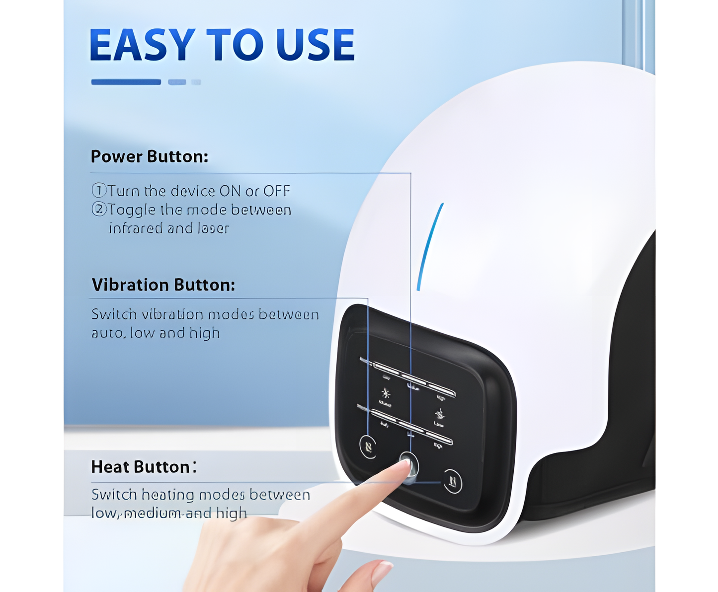 Fitlybuy white electric knee massager with infrared heat, vibration, and laser, showing control button functions.