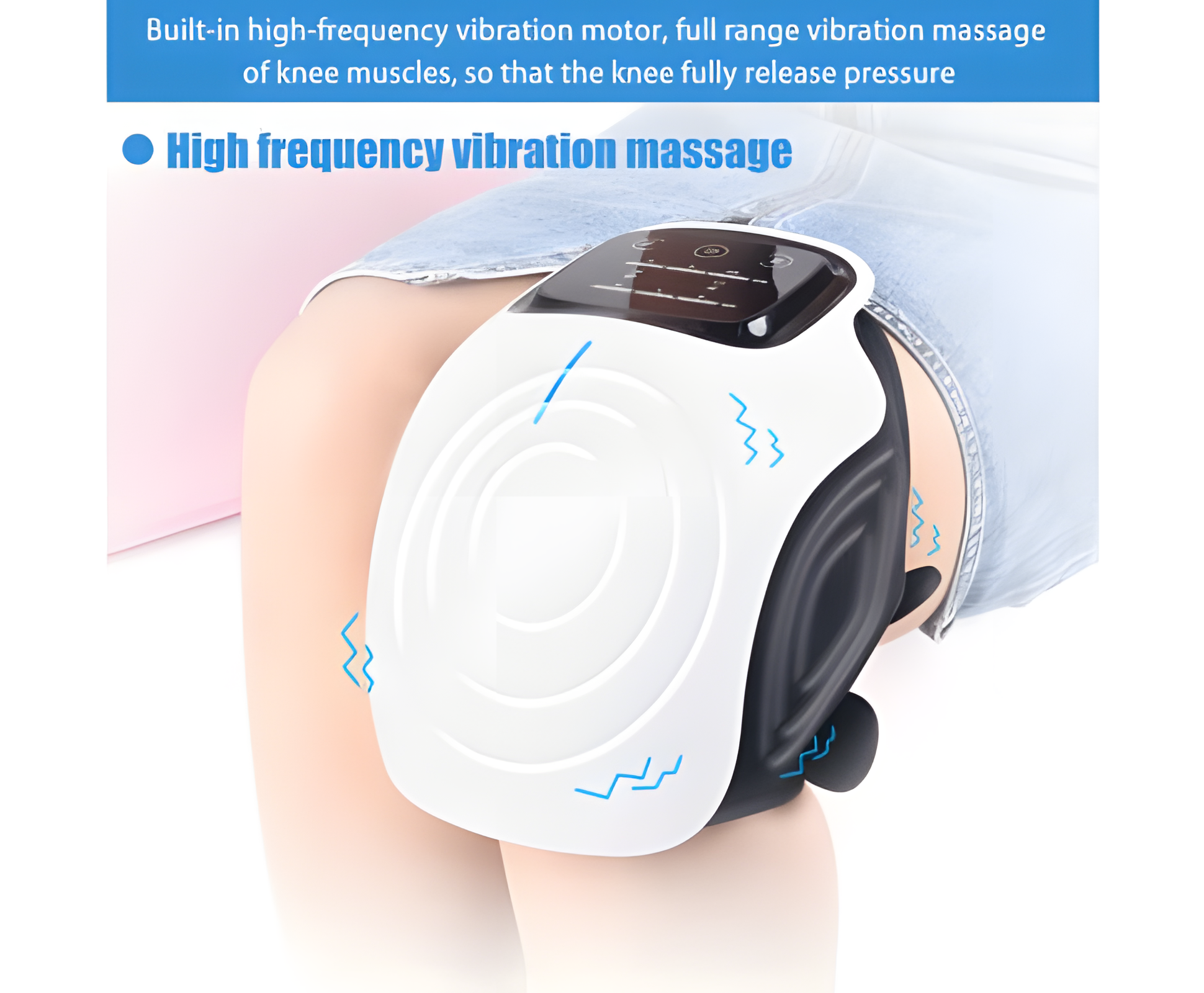 White Fitlybuy electric smart knee massager with infrared heating and vibration, worn on a person's knee.