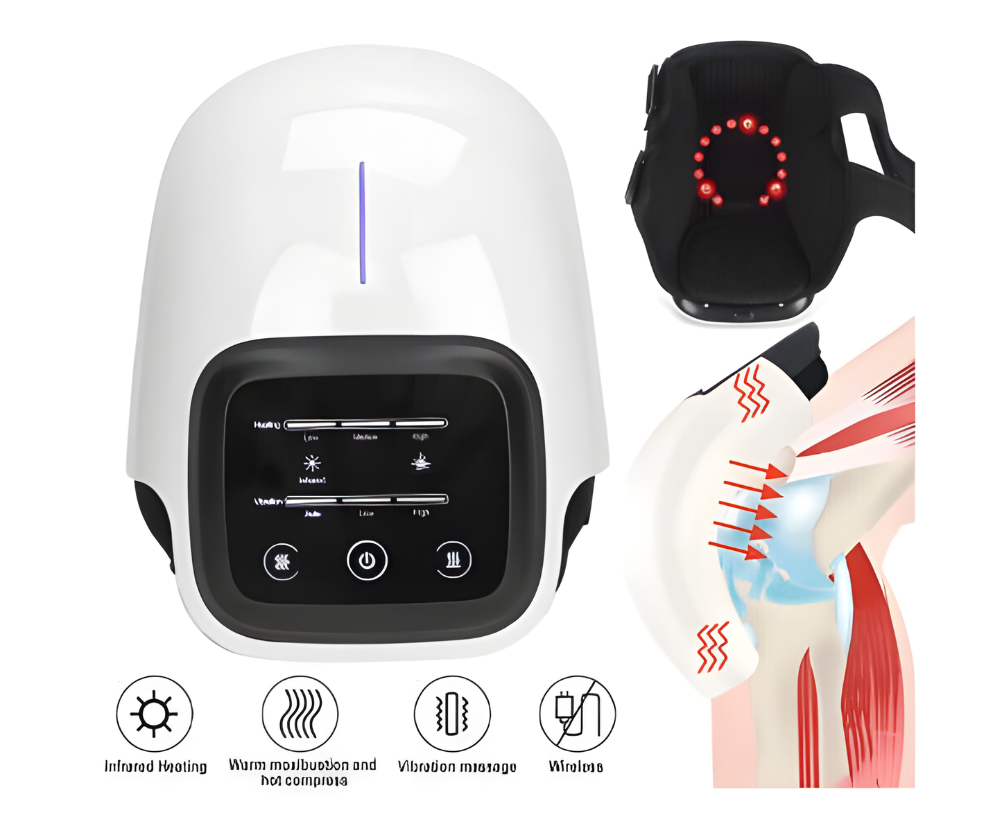 Fitlybuy electric white smart knee massager with infrared heating, vibration, and wireless control with anatomical diagram.