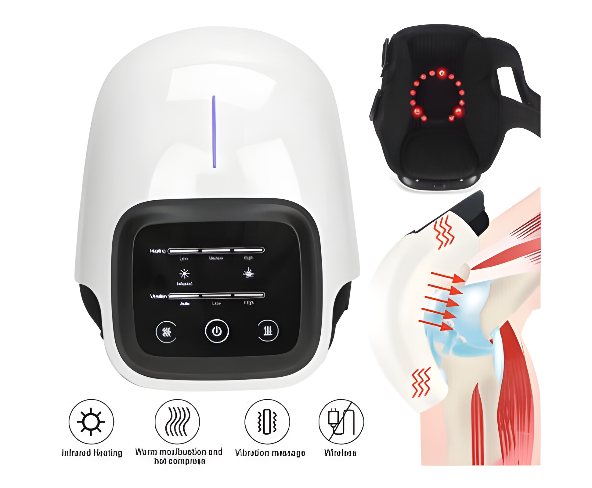 Fitlybuy electric white smart knee massager with infrared heating, vibration, and wireless control with anatomical diagram.