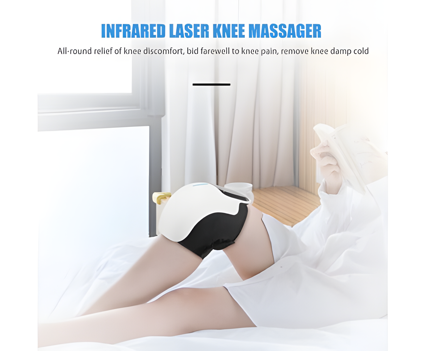 Fitlybuy smart knee massager with white-and-black casing, worn on knee for infrared heat therapy while relaxing in bed.