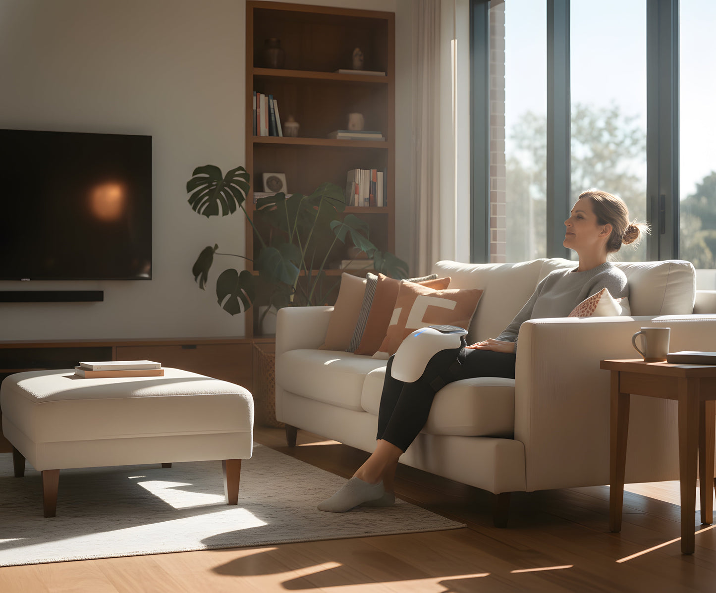 Woman relaxing on a couch using a white Fitlybuy smart electric knee massager with infrared heating in a bright room.