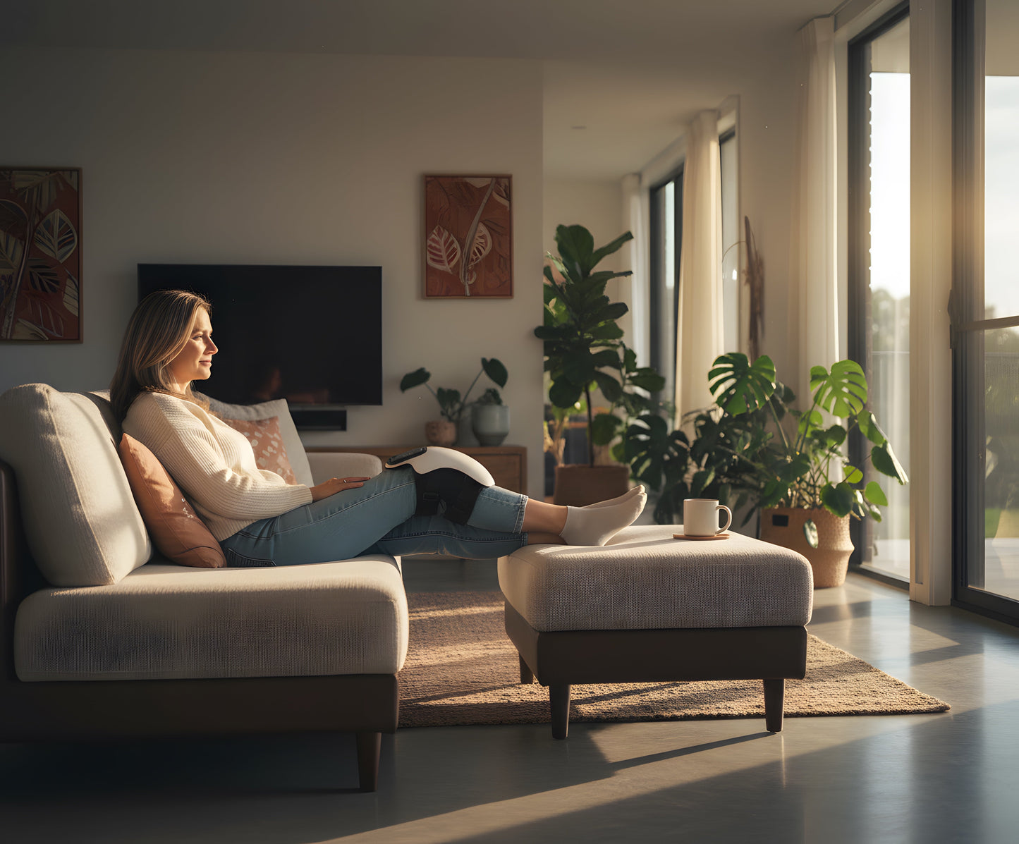 Woman on a sofa wearing a white and black Fitlybuy electric smart knee massager with infrared heating in a cozy room.