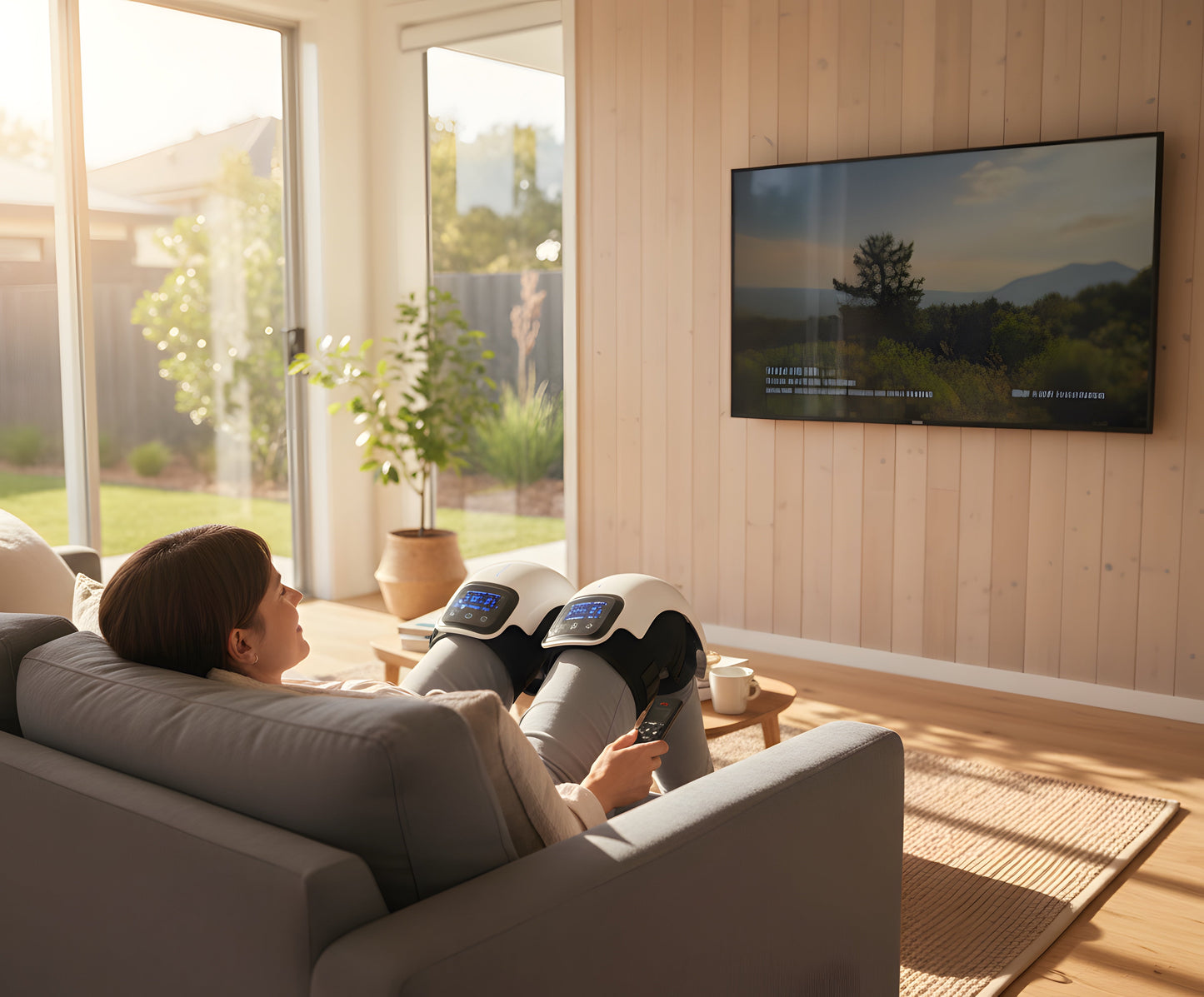 Person on sofa wearing Fitlybuy electric smart knee massagers with white casing and digital screens in a bright living room.