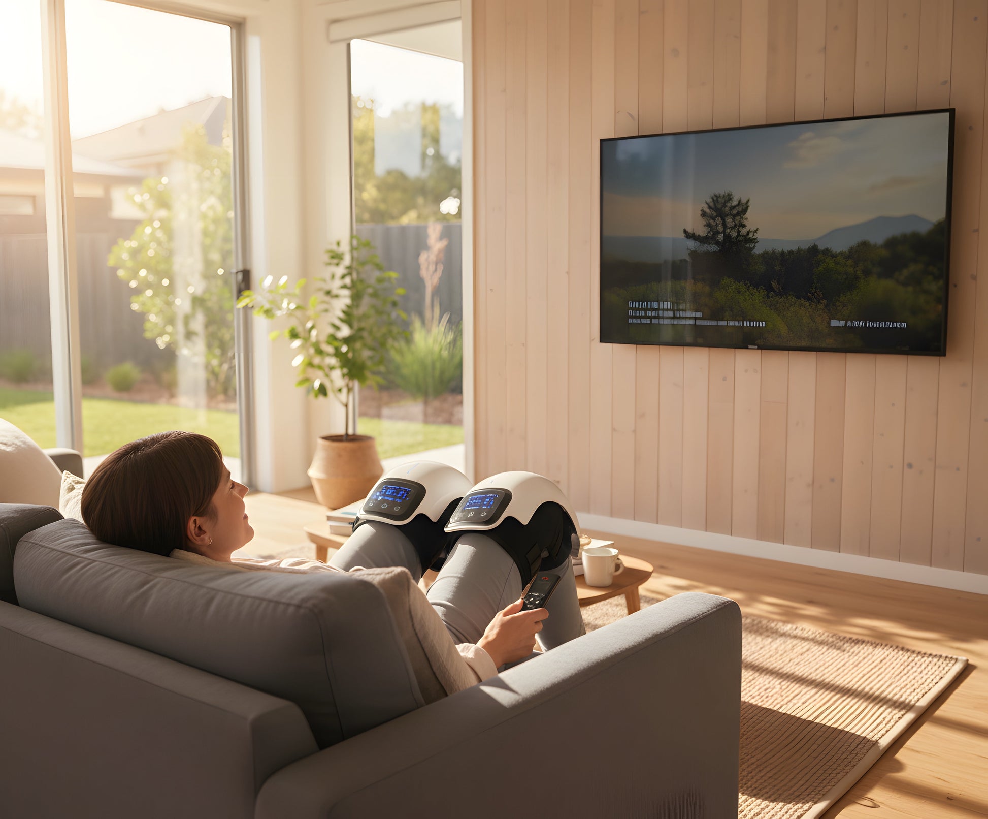 Person on sofa wearing Fitlybuy electric smart knee massagers with white casing and digital screens in a bright living room.