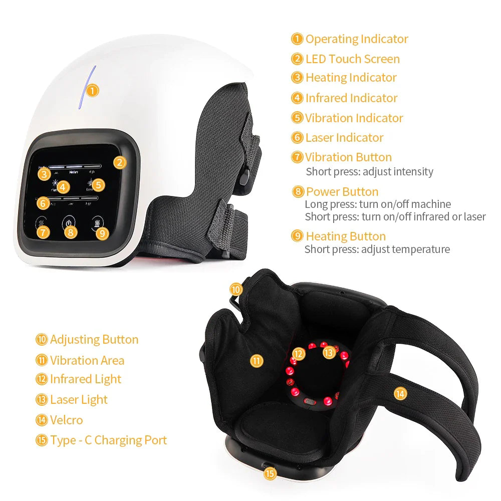 Fitlybuy white knee massager with LED touch screen, heat, vibration, and laser therapy, shown with numbered key features.