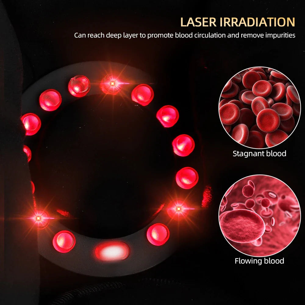 Fitlybuy knee massager featuring circular red laser light therapy LEDs to improve blood circulation for pain relief.