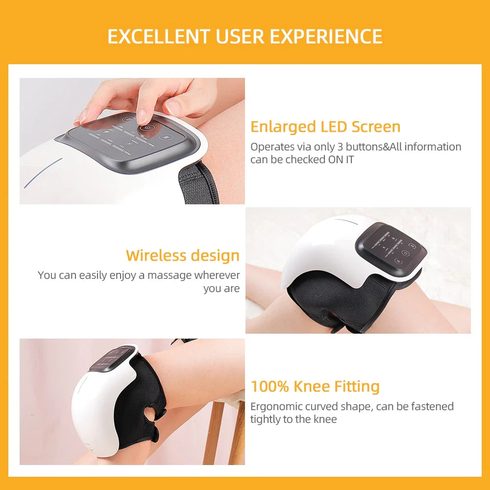 Fitlybuy heated knee massager with LED screen, wireless design, and ergonomic straps for pain relief.
